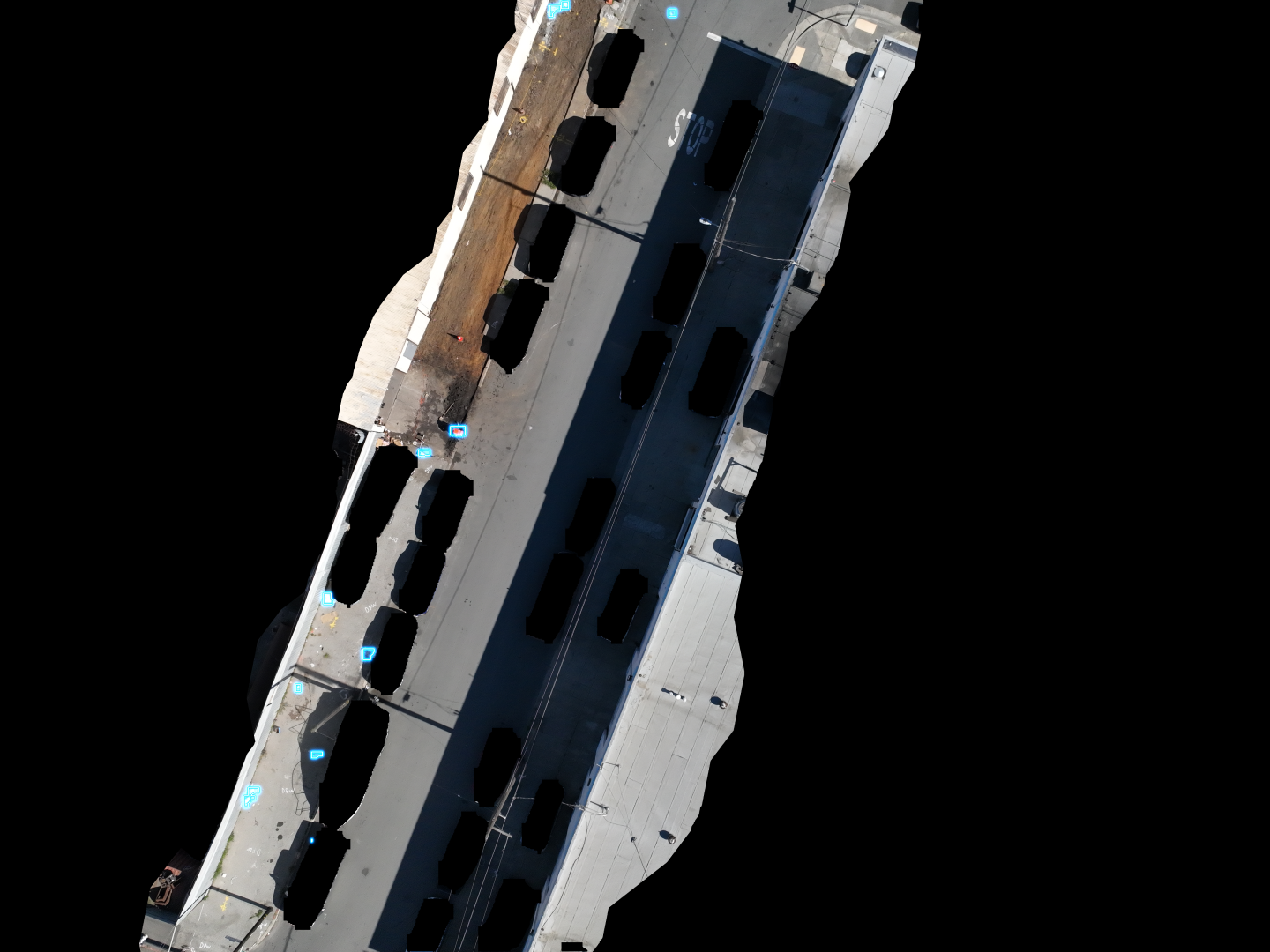 Aerial view showing detection capability around parked vehicles