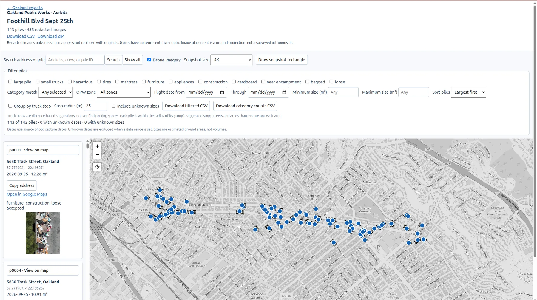 The Aerbits detections dashboard showing 143 piles mapped with blue pins across an Oakland corridor